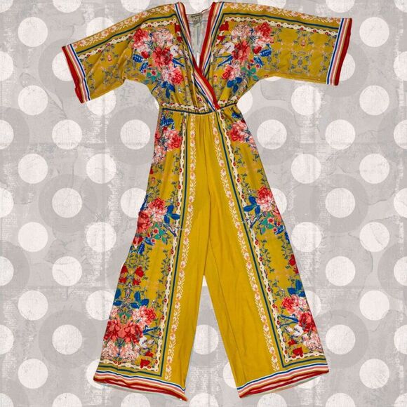 Flying Monkey Pants - Flying Tomato Women's Jumpsuit XS Yellow Floral GREAT for Upcycling Creators